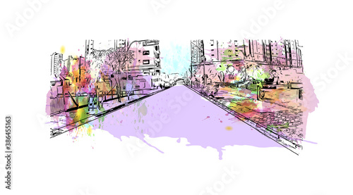 Building view with landmark of Blumenau is a city in southern Brazil. Watercolor splash with hand drawn sketch illustration in vector.