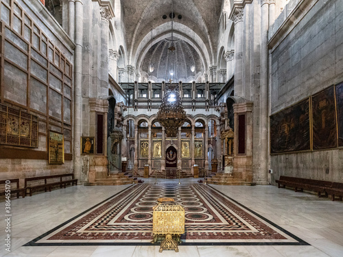 Church of the Holy Sepulchre interior with Greek Orthodox Catholicon main nave and altar in Christian Quarter of historic Old City of Jerusalem, Israel