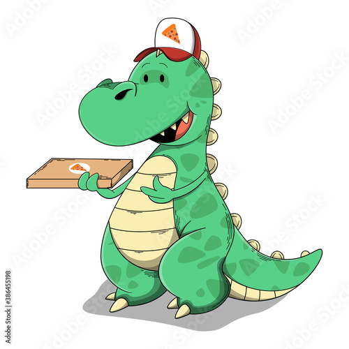 Funny dinosaurs cartoon characters wearing cap with pizza logo and delivering pizza box to customer, good for fast food pizza restaurant mascot