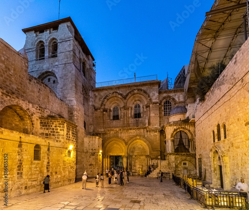 Church of the Holy Sepulchre with pavris courtyard, main entrance and Chapel of the Franks in Christian Quarter of historic Old City of Jerusalem, Israel © Art Media Factory