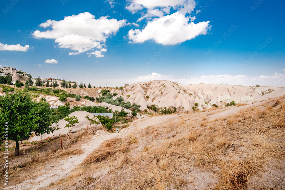 Mountain with spectacular structure under sunny sky