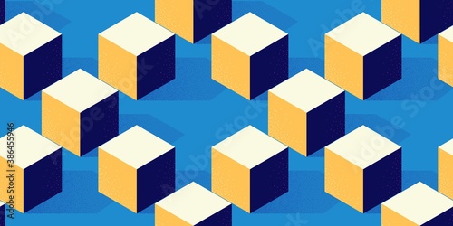 Seamless pattern with cube or box shape on blue background in modern dotted texture style