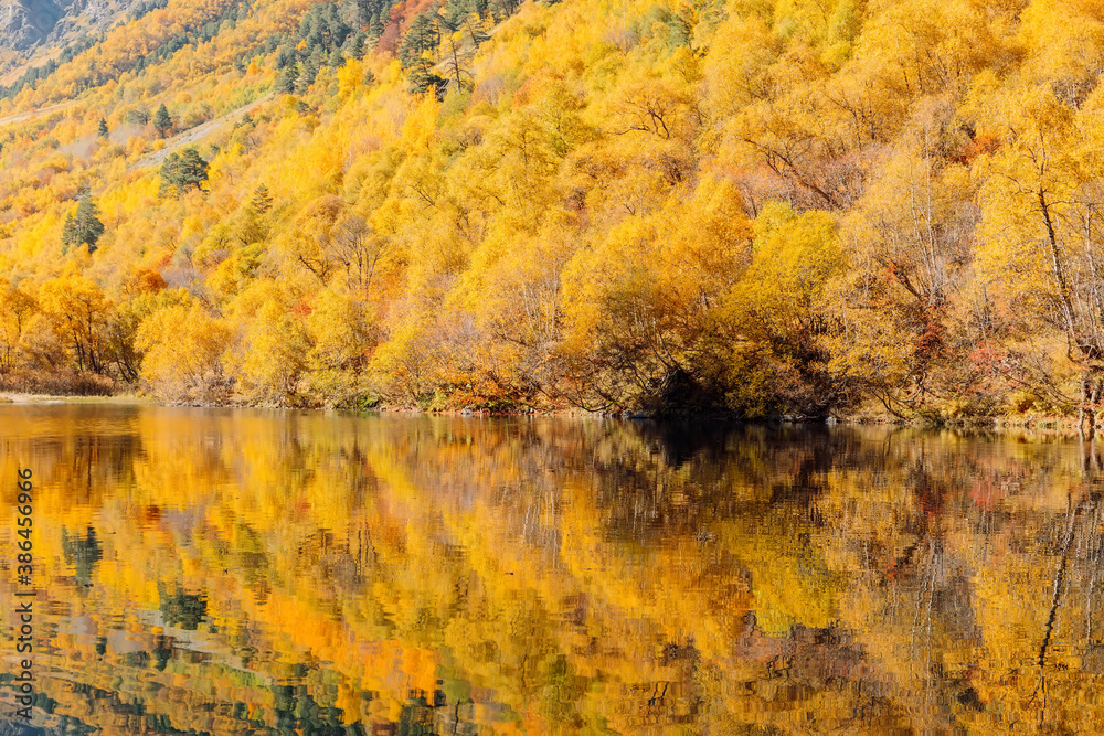 Mountain lake with reflection and colorful trees. Autumn landscape