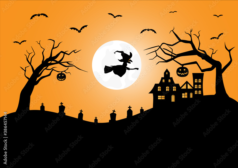 Halloween Fullmoon Banner, Witch, Haunted House, Pumpkins and Bats.