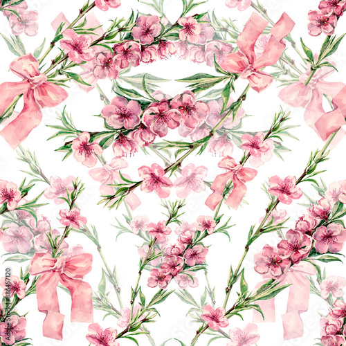 Seamless pattern  watercolor flowers peach with  ribbon on white background.  Floral spring composition for fabric.