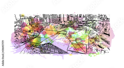 Building view with landmark of Blumenau is a city in southern Brazil. Watercolor splash with hand drawn sketch illustration in vector.