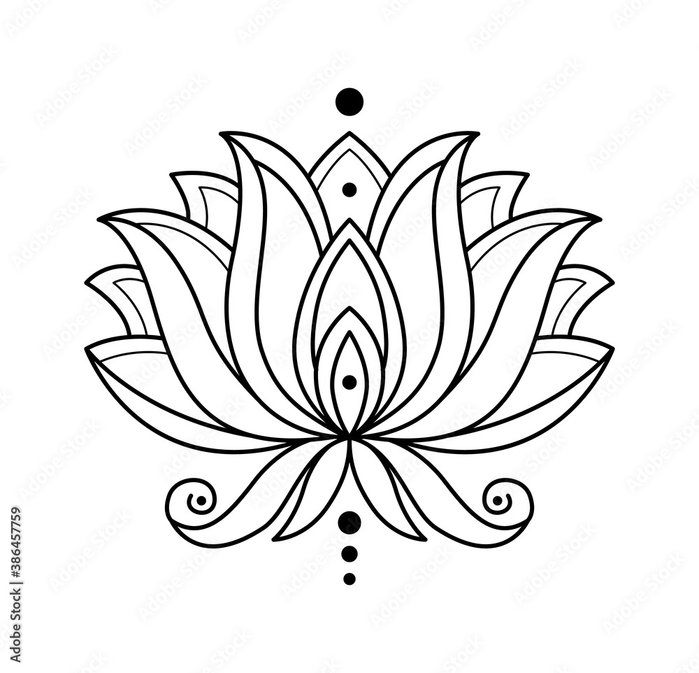 Fototapeta premium Lotus icon. Monochrome blooming flower. Hand drawn lotos flower illustration isolated on white background. Black linear petals of plant in coloring style
