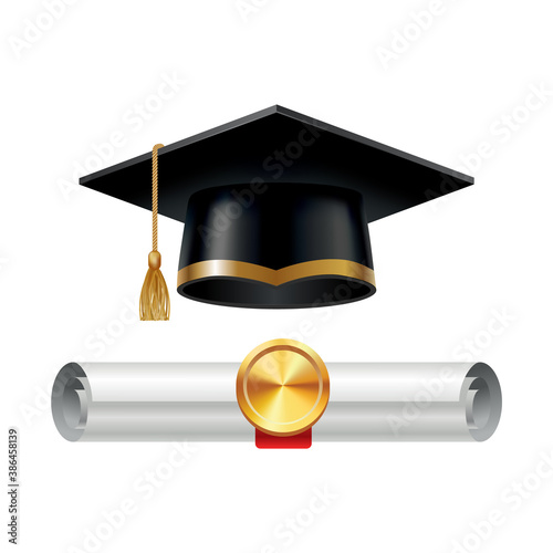 Graduation cap and rolled diploma scroll with stamp. Finish education concept. Academic hat with tassel and university degree certificate. Vector illustration for announcement banner poster or flyer