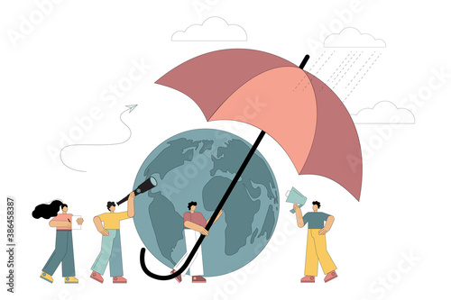 People protect the planet with an umbrella, saving the planet, taking care of the environment, protecting nature, measures to prevent an ecological disaster. Vector isolated illustration on white