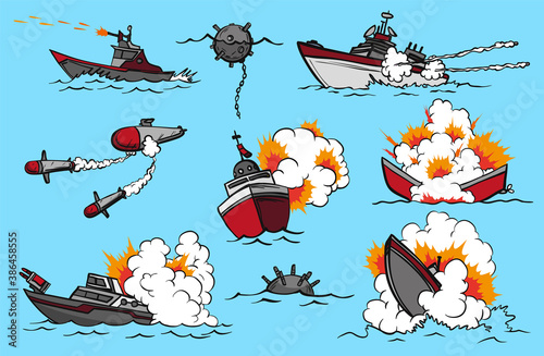 Comic book warships set. Collection of ships that launch missiles or explode. Military action. Pop art concept icons for comic book page or app decoration