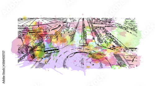 Building view with landmark of Blumenau is a city in southern Brazil. Watercolor splash with hand drawn sketch illustration in vector.