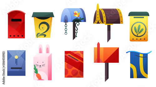 Collection of mailbox. Cartoon vector mail box. Post or postal letterbox of American or European mailing and set of postboxes for delivery mailed letters