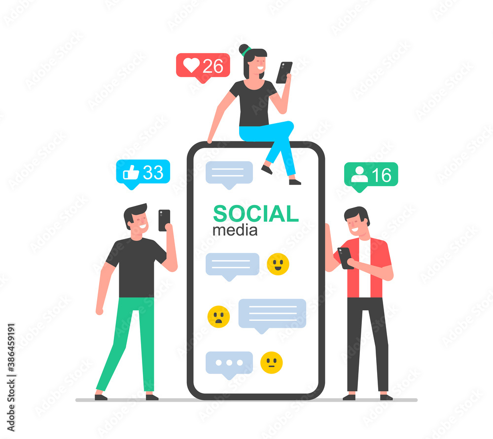 Social media concept. People are standing near by a huge smartphone and using own smartphones. flat style Social media concept. People are standing near by a huge smartphone and using own smartphones. flat style