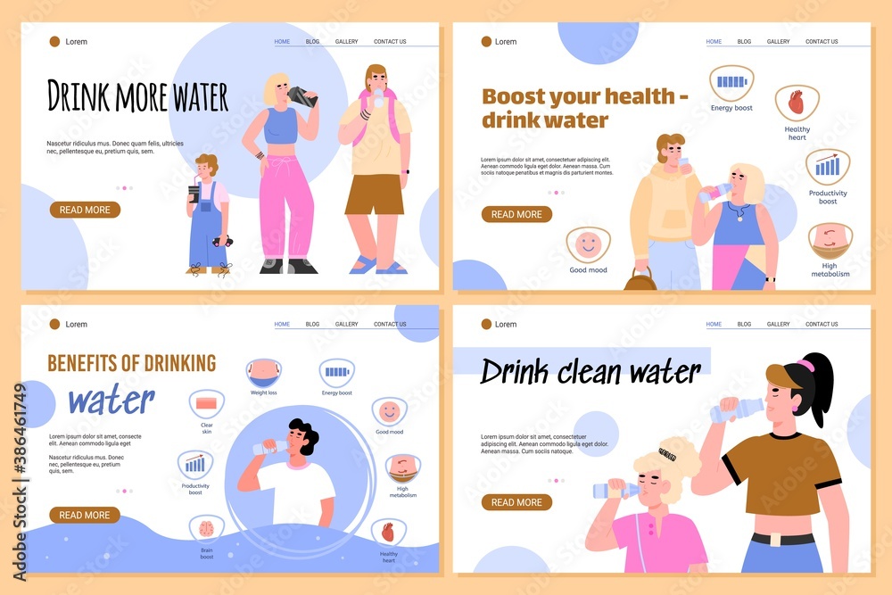 Set of website banners calling to drink clean water with people characters, flat cartoon vector illustration. Pure mineral water distribution and delivery services.