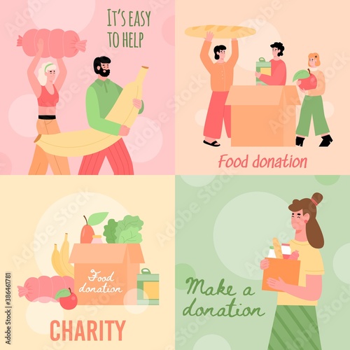 Set of cards with concept of charity and support for poor, homeless and hungry. Volunteers carry food and filling cardboard donation boxes to help of shelter. Vector illustrations.