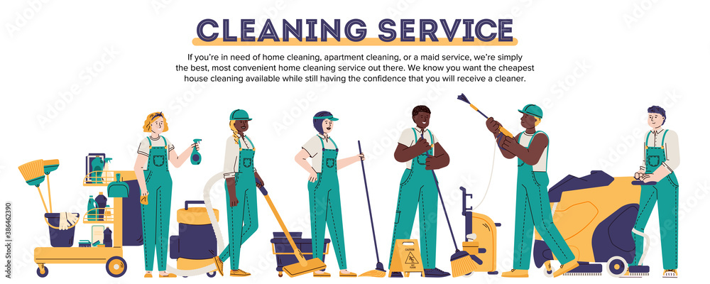Cleaning service banner template with cartoon characters of cleaners in ...