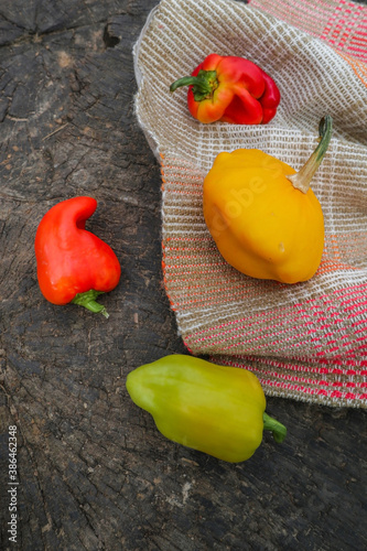 Fresh peppers and pattinson lie on a wooden surface. Autumn vegetables for cooking. 