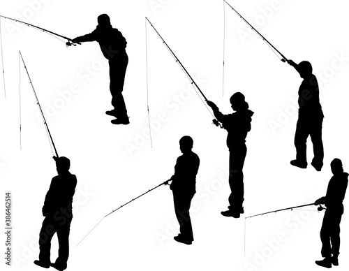 six black fishermen silhouettes illustration on white