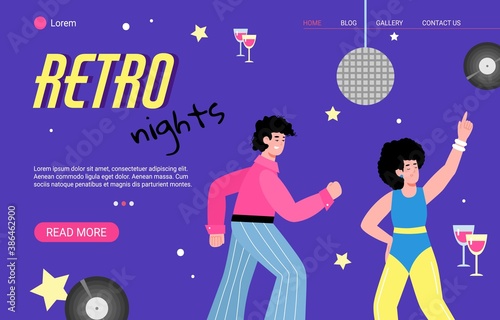 Retro disco dance party website banner with bright colorful cartoon people dancing, flat vector illustration on blue background. Retro music nights and dance party.