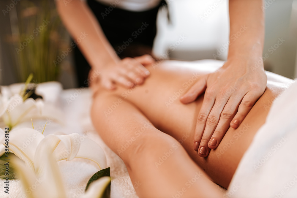 Beautiful young woman in the massage salon with brown curly hair and healthy skin. Masseur and patient concept. Beautiful young woman in the massage salon with brown curly hair and healthy skin. Masseur and patient concept.