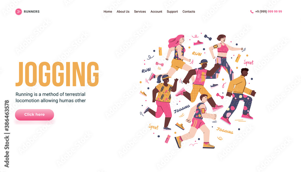 Fototapeta Running, jogging, marathon and competition. Group of joggers men and women with icons of sports equipment. Vector illustration. Landing page template.