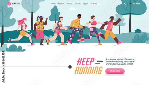 Landing page template with app for sports training, marathon, race, workout or competition. Group of persons keep running in outdoors. Vector illustration.