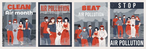 People in protective face masks protest against air pollution and environmental contamination by industrial smog and gas from smoking pipes of plants. Set of vector posters.