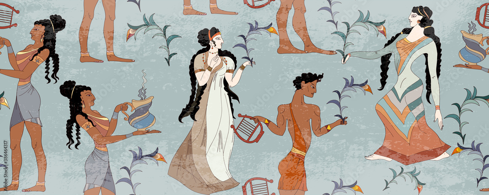 Naklejka premium Minoan civilization horizontal seamless pattern. Ancient Greece frescos. Goddesses. Ancient Crete culture. Heraklion. Knossos murals mythology