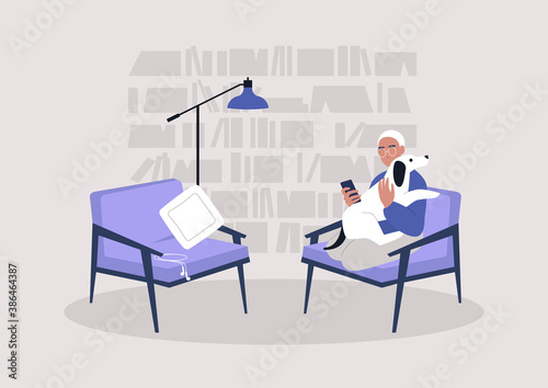Young male character snuggling with their puppy dog, a cozy home interior, a lockdown leisure