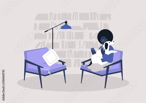 Young black female character snuggling with their puppy dog, a cozy home interior, a lockdown leisure