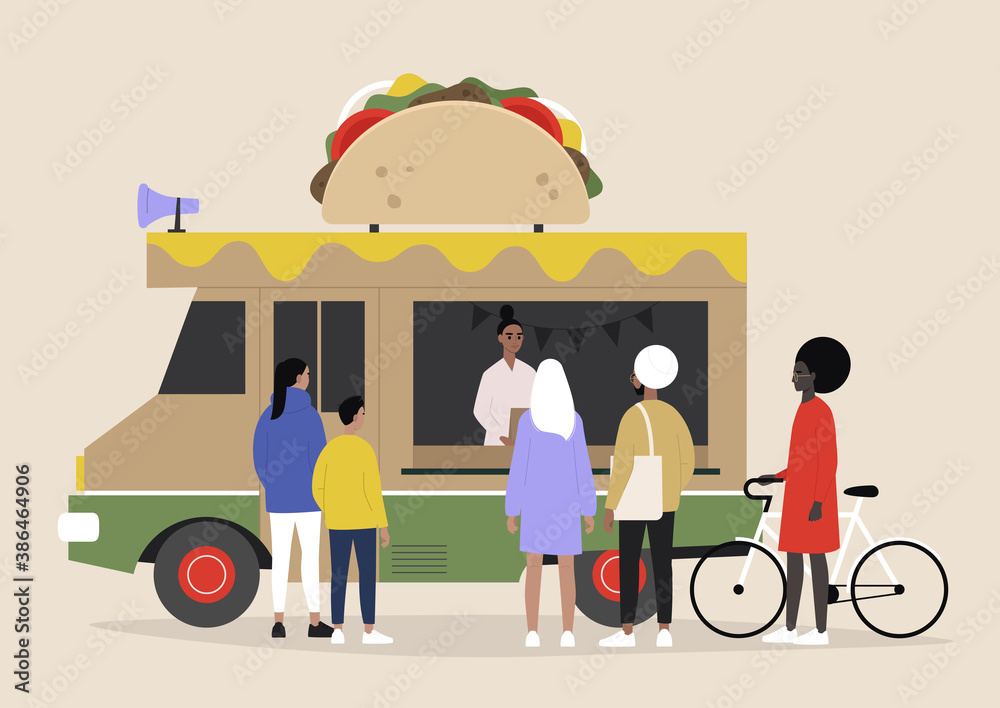 A Mexican tacos food truck, people ordering and waiting their takeaway food A Mexican tacos food truck, people ordering and waiting their takeaway food