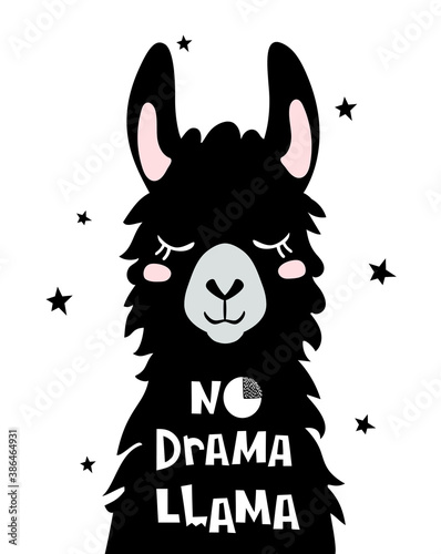 Cute cartoon llama design with No drama llama motivational quote. Vector illustration
