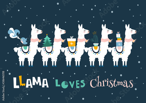 Christmas card with llama. Merry Christmas card. Llama loves Christmas