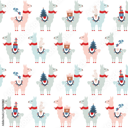 Christmas Llamas Seamless Pattern. Background for design and decoration textile, covers, package, wrapping paper