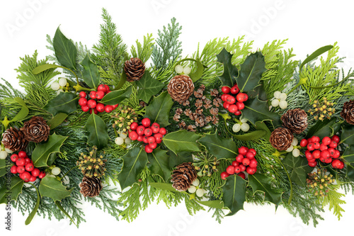 Christmas & winter greenery with holly, ivy, mistletoe, cedar cypress leaves & pine cones on white background. Xmas & New Year decoration for the festive holiday season. Flat lay, top view.