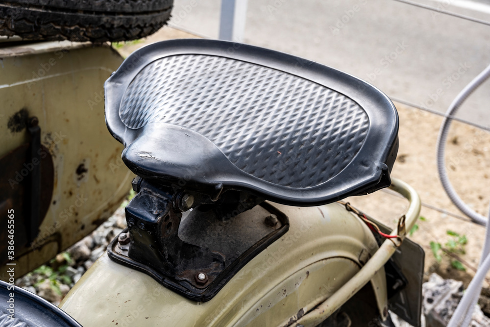 portraits of vintage bright paint motorcycles and scooters