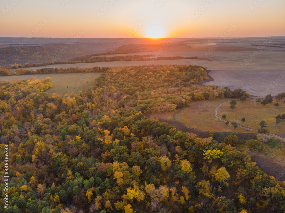 Aerial View of Autumn Trees and Farm Fields in Rural North Dakota at Sunset.