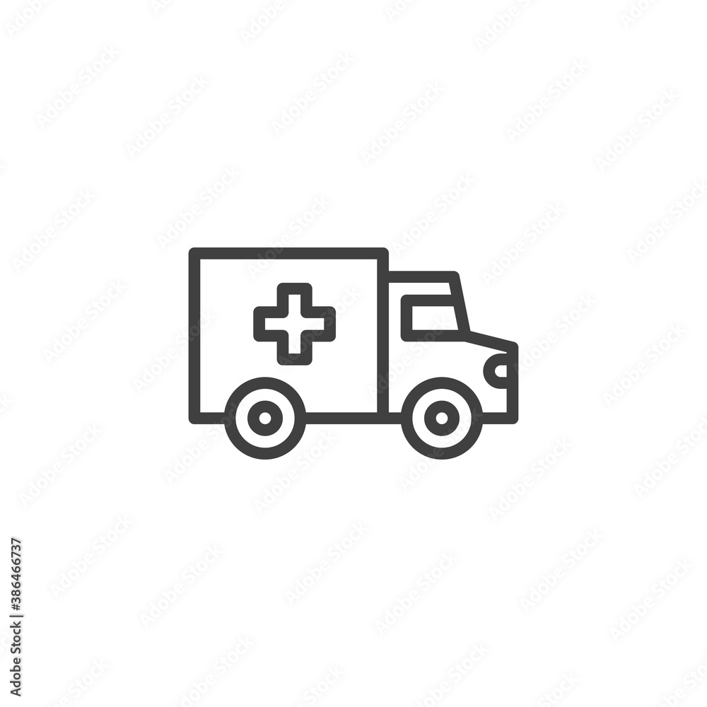 Ambulance truck line icon. linear style sign for mobile concept and web design. Medical delivery truck outline vector icon. Symbol, logo illustration. Vector graphics