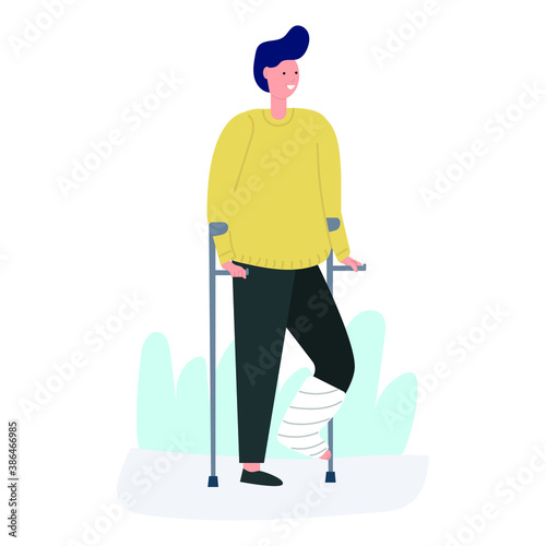 young man broke his leg. He is standing with a gypsum on his leg and crutches, trauma, broken limb, medical, aid.  Flat illustration.