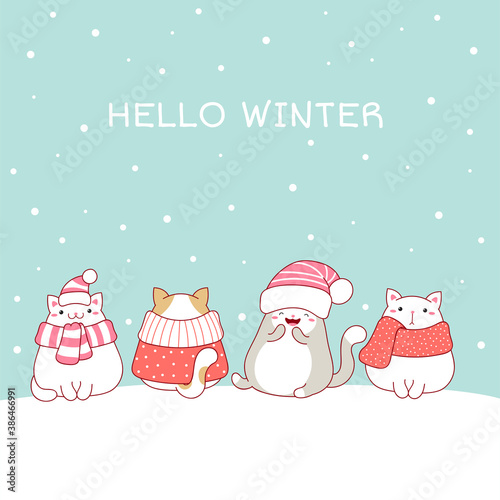 Christmas greeting card with four cute fat cats