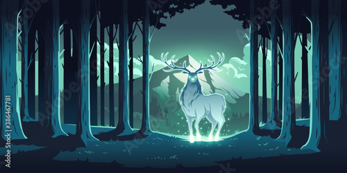 Magic deer in night forest, mystical stag with glowing eyes and body, soul of nature, wood protector, totemic animal at trees and mountain landscape, majestic reindeer, Cartoon vector illustration