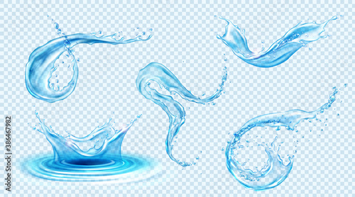 Water splashes, blue liquid waves with swirls and drops. Vector realistic set of flowing and falling clear pure aqua, fluid splashing isolated on transparent background
