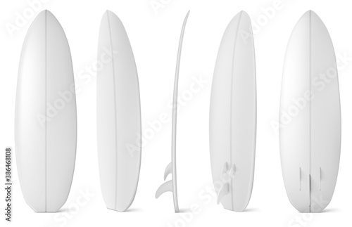 White surfboard front, side and back view. Vector realistic mockup of blank long board for summer beach activity, surfing on sea waves. Leisure sport equipment isolated on white background