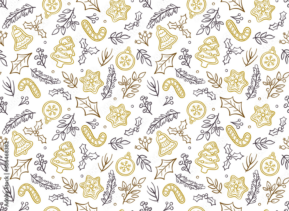 Elegant Christmas seamless pattern with hand-drawn elements isolated on white background. EPS 10 vector illustration.