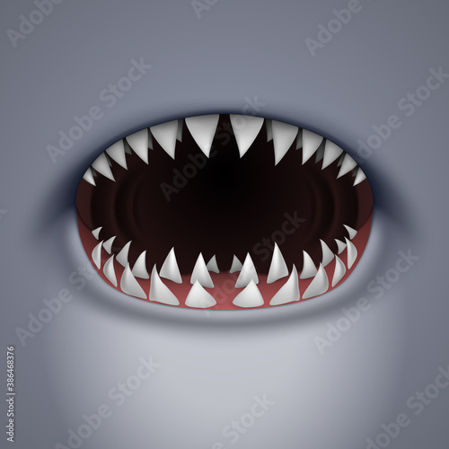 Cartoon Spooky Shark Jaw Isolated on Gray Background. Horror Background for Halloween Concept