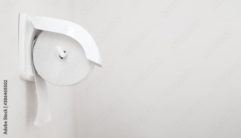 Fototapeta White paper toilet roll on plastic holder.