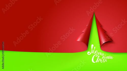 Green Red background Christmas tree paper. Design for holiday cards. Modern abstract xmas. Glossy cut out, vector illustration