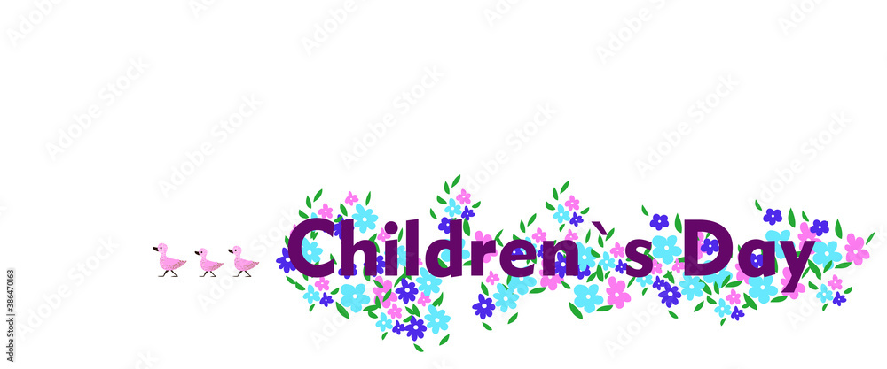 world children's day poster design. Image of text on a background of flowers and cute different ducks. Perfect for banners and flyers. EPS10.