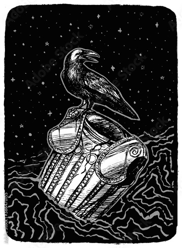 The raven sits on old armor. Hand drawn vector illustration in monochrome colors. Abstract retro graphic drawing isolated on white. Single element for design prints, shirt, poster, typography, decor.