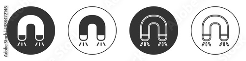 Black Magnet icon isolated on white background. Horseshoe magnet, magnetism, magnetize, attraction. Circle button. Vector.